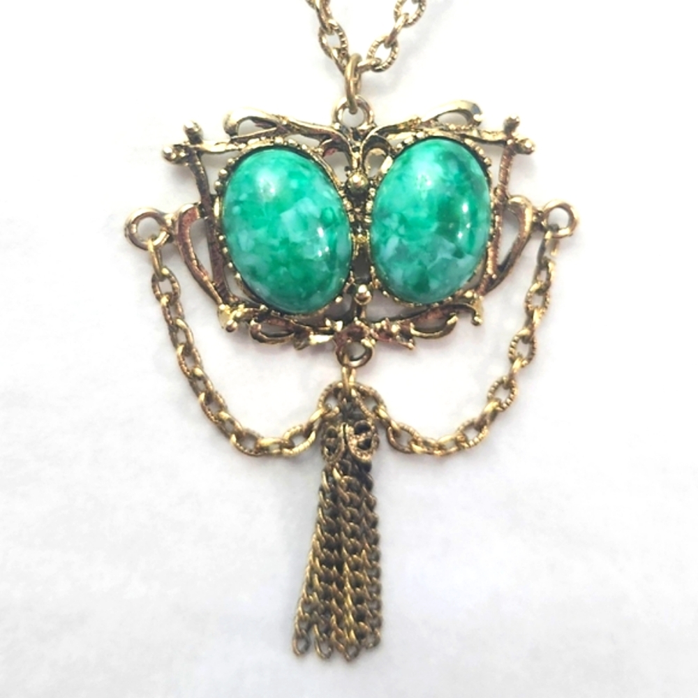 Vtg 1960s Peking Glass Double Cabochon Chatelain Dangle Tassel Pin Brooch